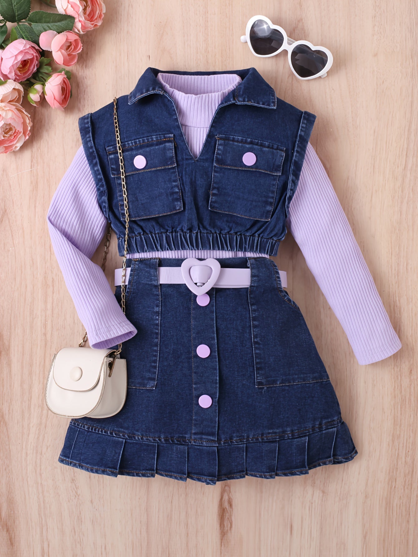 Girls' Fashion Casual Outfit Set: High neck long sleeve top with denim vest, knee-length pleated skirt with belt.