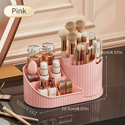 Durable rotating makeup organizer and desk caddy made of plastic, ideal for storing brushes, lipsticks, skincare products, and stationery. Space-saving, elegant white finish with odorless