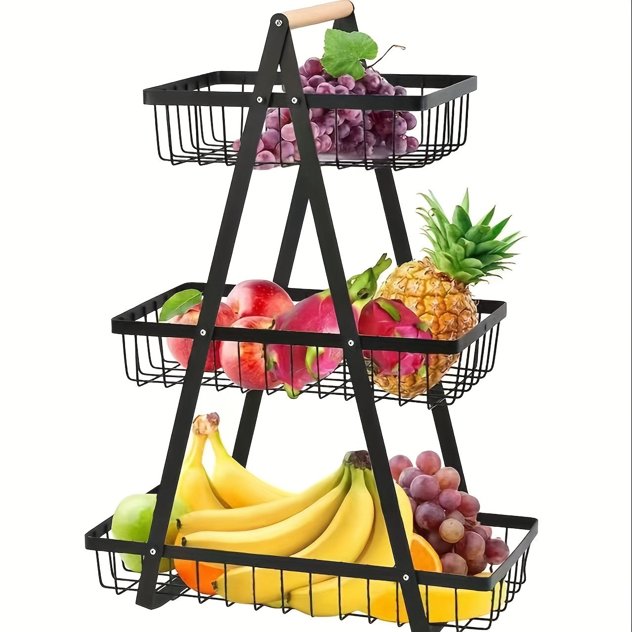 A contemporary metal fruit and vegetable basket featuring a detachable bowl-shaped storage compartment and a wooden handle for kitchen organization. Ideal for gifting during Christmas or Halloween, this handy organizer can be used on the countertop or in