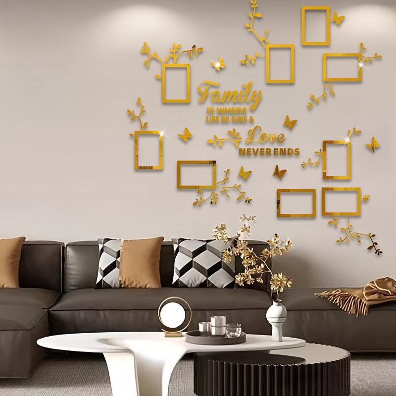 A puzzle sticker set with flower branches, butterflies, and 9 photo frames for DIY wall decoration in various spaces.