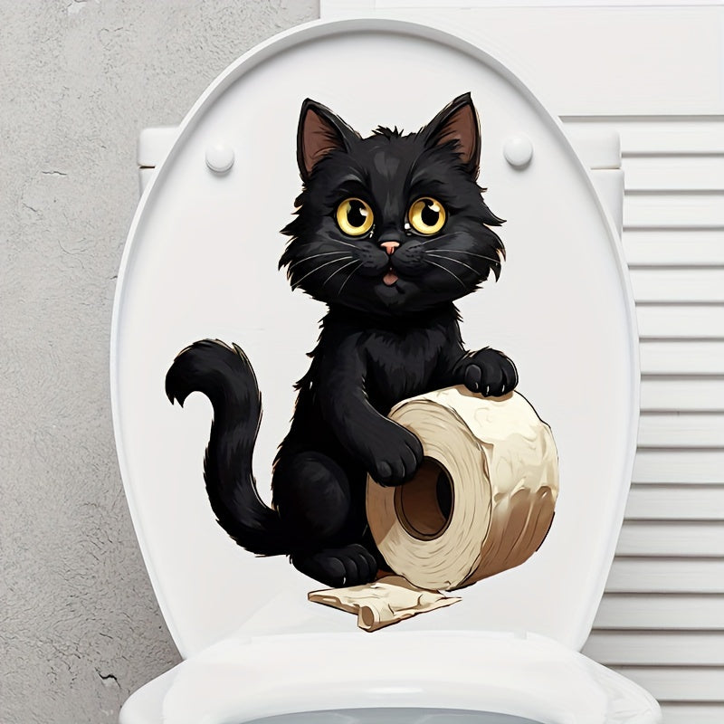 1pc Cute Black Cat Toilet Paper Sticker for Home Bathroom, Easy-to-Apply, Self-Adhesive, Disposable Decor for Restroom.