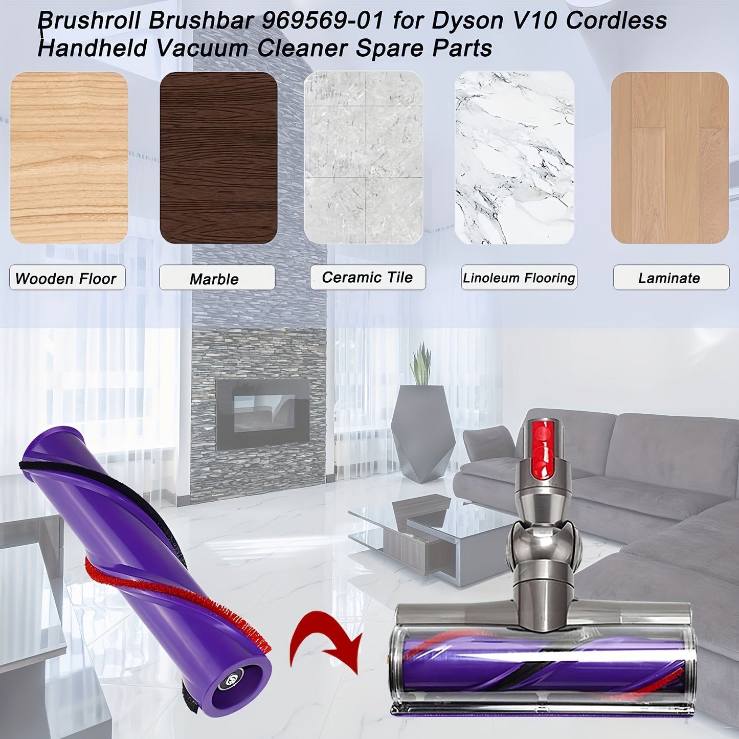 Replacement Roller Brush for Dyson V10 Cordless Vacuum in Durable Purple - Compatible with 3-Prong Drive, Featuring Easy-Attach Design and Red Bristles for Effective Floor Cleaning. Perfect for Cordless Vacuum Cleaner.