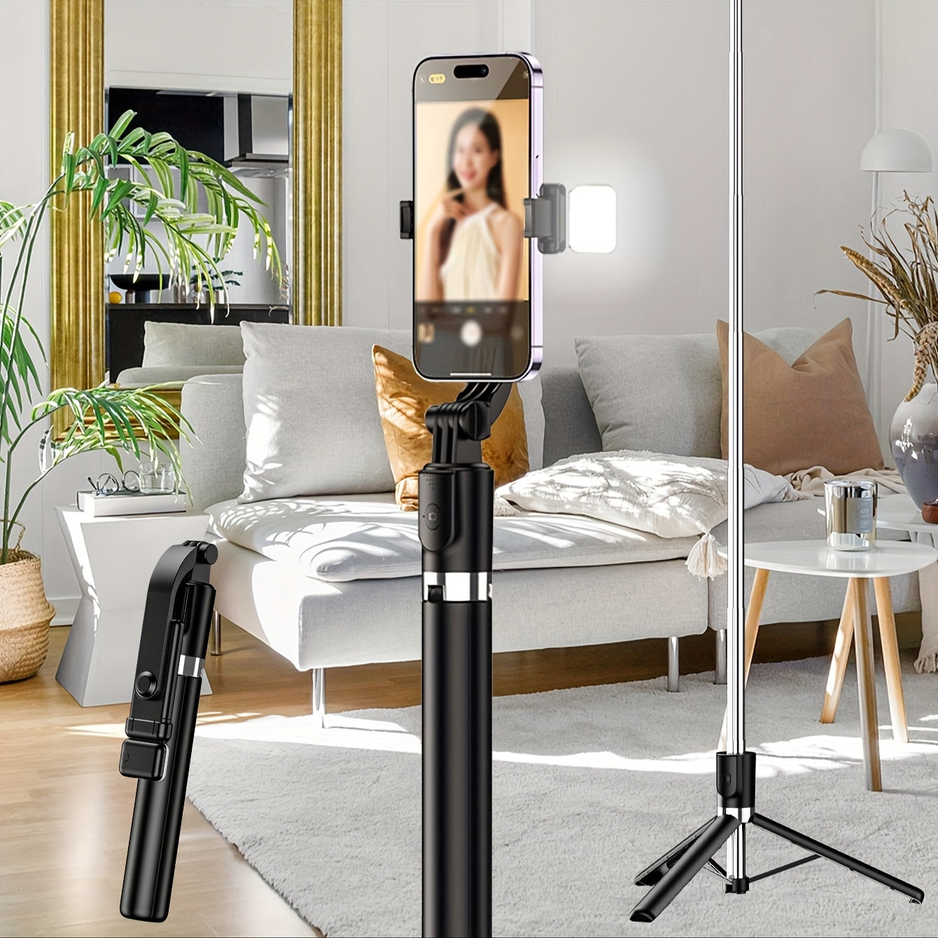 Extendable wireless selfie stick with remote, foldable phone tripod for smartphones with non-rechargeable button battery.