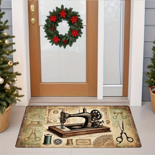 Door Mat Featuring Vintage Sewing Machine & Scissors Design - Soft, Non-Slip, Machine Washable Rug for Home Decor in Living Room, Bedroom, Kitchen, Bathroom, Laundry, or Office