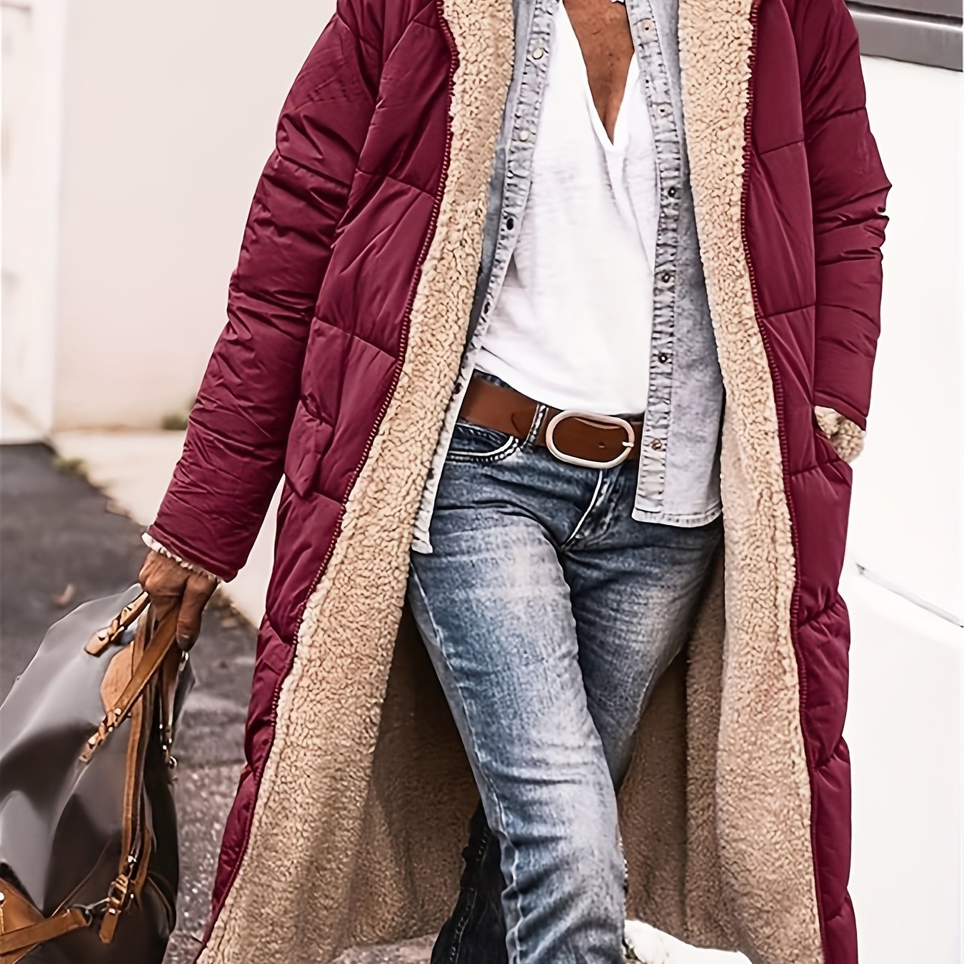 Fuzzy reversible longline winter coat, perfect for fall and winter in plus sizes.