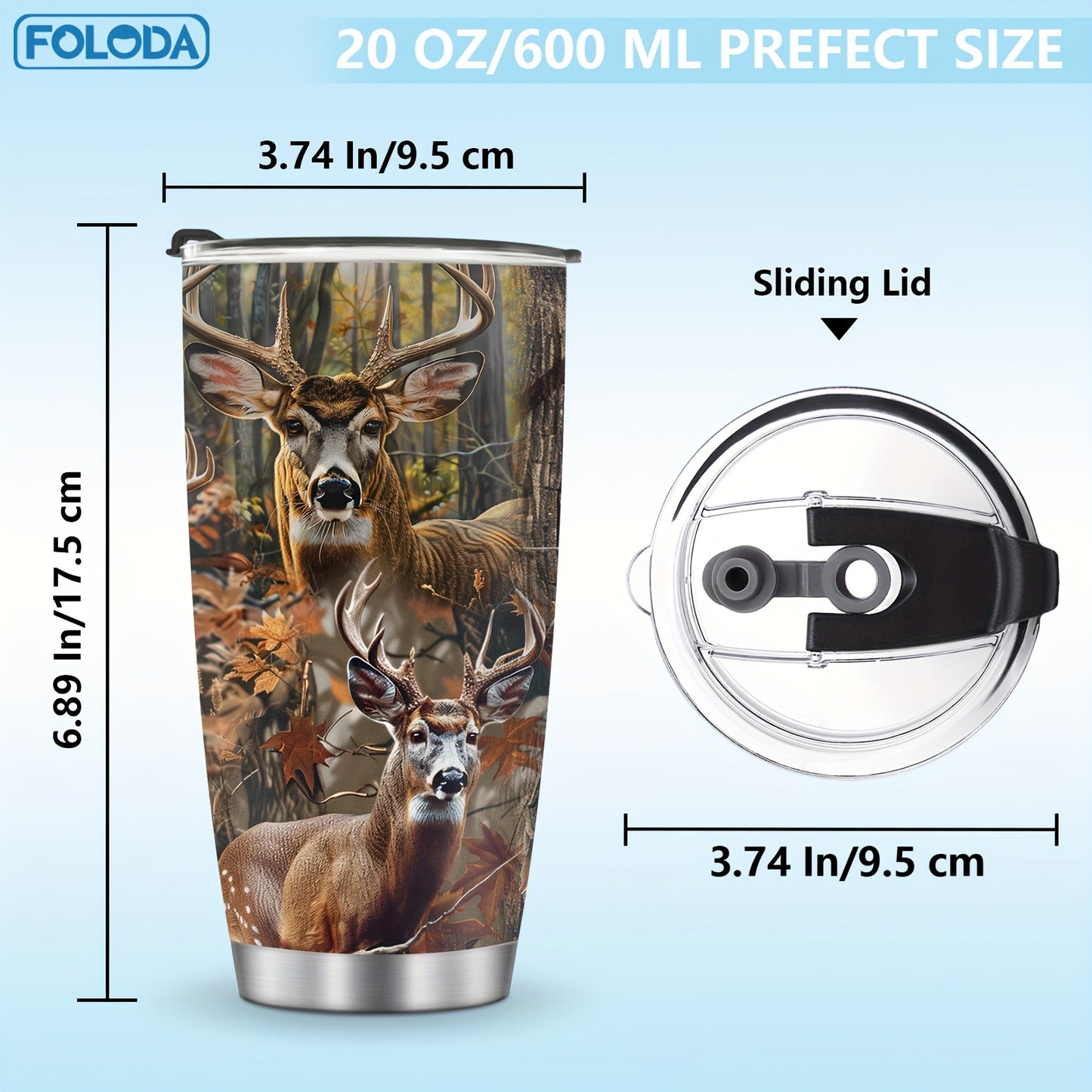 20oz stainless steel deer hunting tumbler with lid, autumn forest design, ideal gift for hunters, dad, or papa. Hand wash only. Great for Christmas, birthdays, or Valentine's Day.