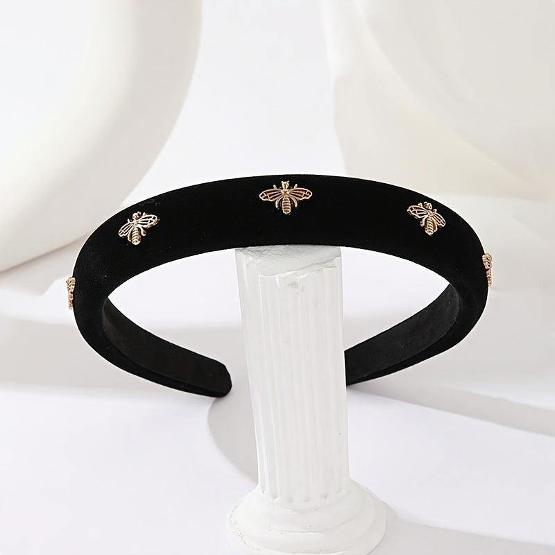 Stylish black velvet headband with golden bee embellishments, perfect for women on Valentine's Day.