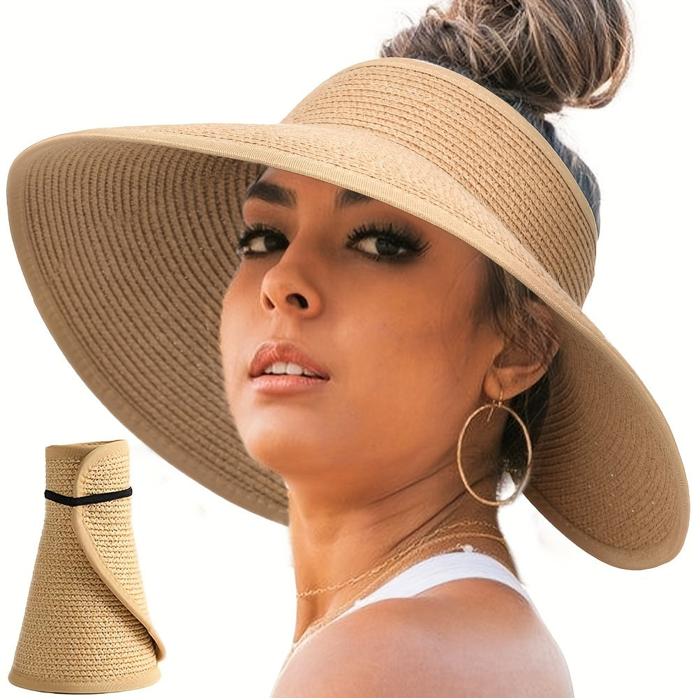 Packable, wide-brim straw sun visor hats for women with roll-up feature, ideal for summer beach trips and travel.