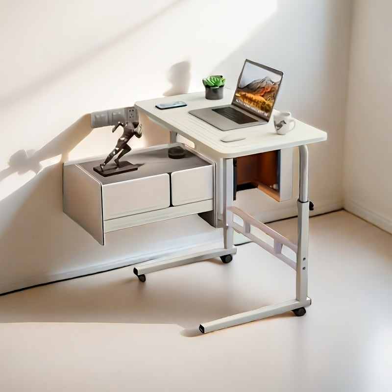 Rolling desk with adjustable height, space-saving metal frame. Ideal for home office and bedroom use. Available in ginger, white, black.