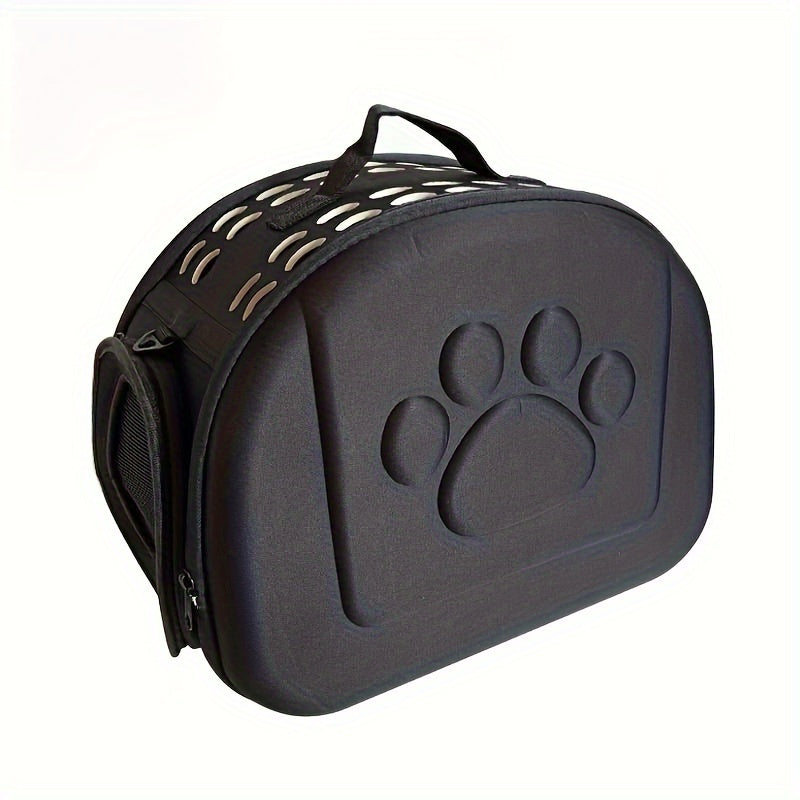 Portable, foldable cat carrier with breathable design and durable shell, ideal for outdoor adventures.