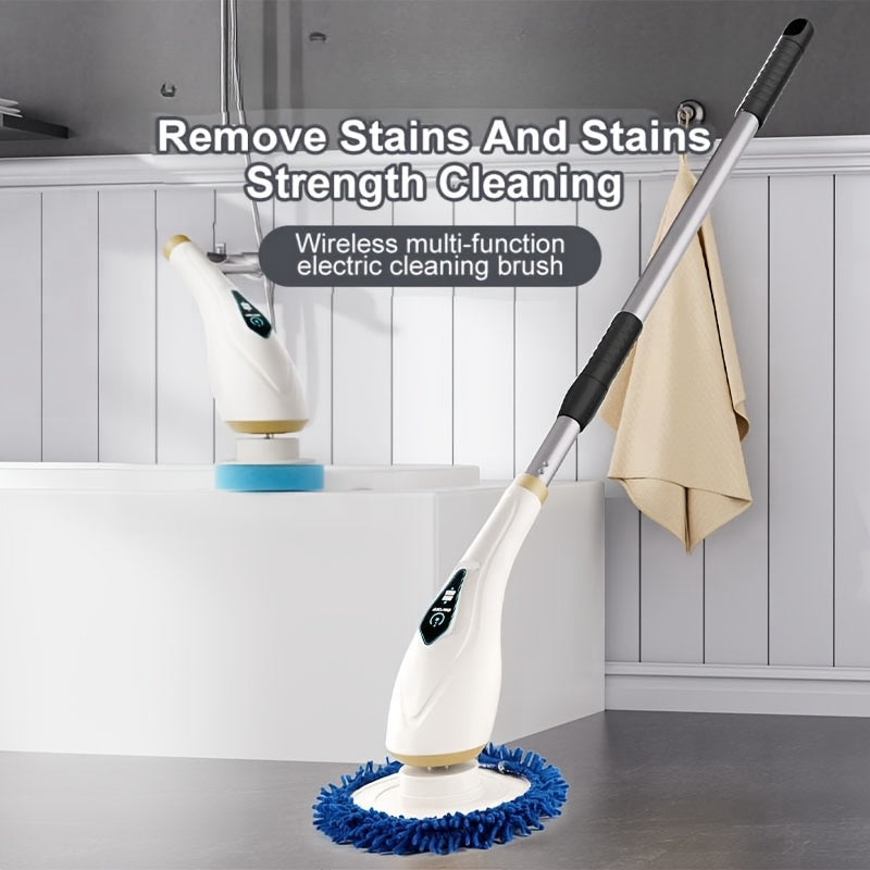 Set of 8 Multi-Functional Electric Cleaning Brushes, featuring Cordless 2-Speed Rotating Scrubber with Adjustable and Detachable Handle. Includes Replaceable Brush Heads and is designed for use in the Bathroom, Toilet, Tile, and Floor. Equipped with a