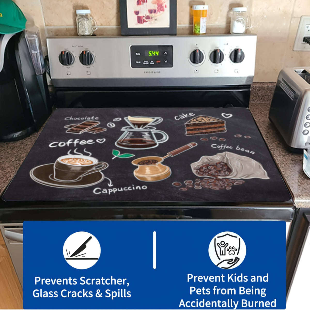 Protect your kitchen stove top with this multifunctional cover measuring 72.39x52.07cm. Made of heat-resistant and scratch-proof natural rubber, this cover is designed for electric and glass cooktops. It is dishwasher safe and comes with an anti-scratch