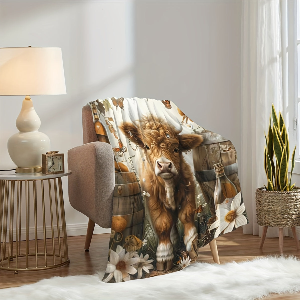 Highland Cow and Wine Barrel Printed Throw Blanket in Contemporary Style - Versatile, Cozy, and Long-Lasting for Any Time of Year