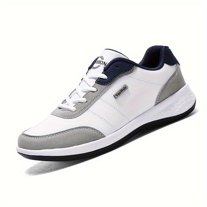 VanWeir men's casual sneakers feature PU upper, MD sole, fabric insole, and navy blue design with white and orange accents, perfect for all seasons.