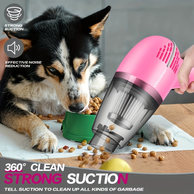 Portable mini handheld pink car vacuum cleaner with powerful suction, high capacity for wet and dry cleaning, perfect for removing pet hair and offering multifunctional use.