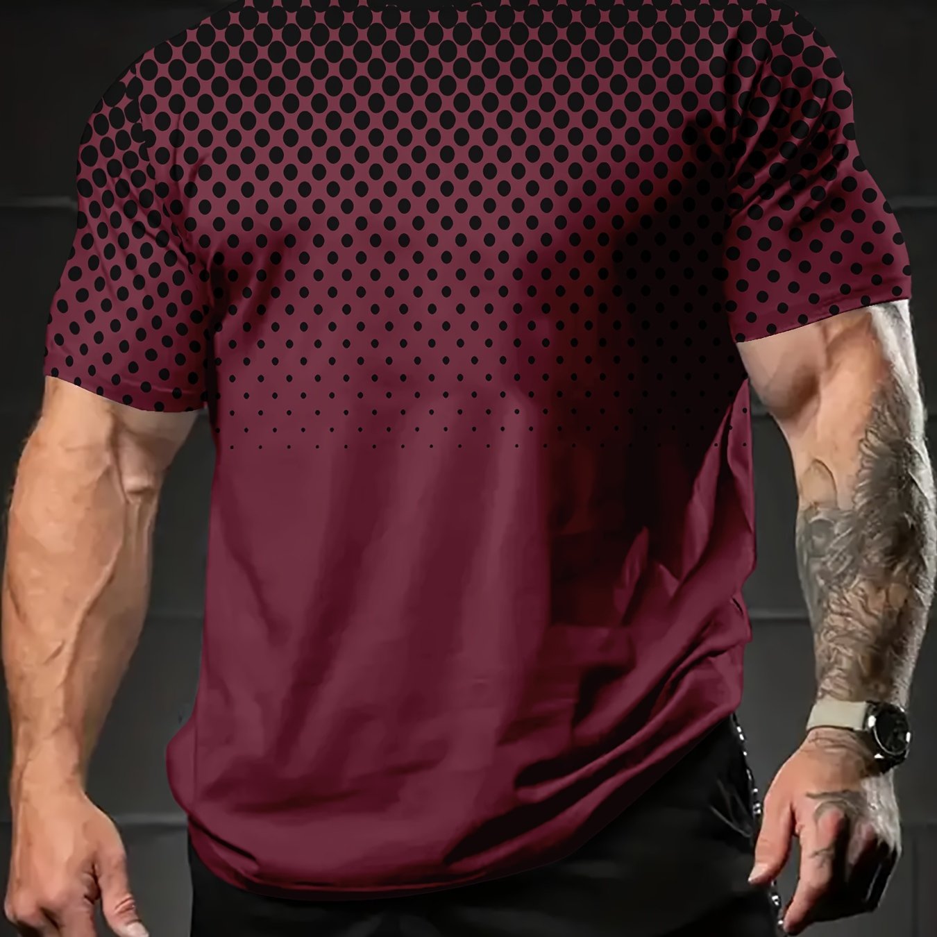 Men's Black Checkerboard T-Shirt with Classic Plaid Design and Gradient Blue Dot Print, made from Polyester Fabric. Casual Sports & Beach Style with Round Neck, Machine Washable.