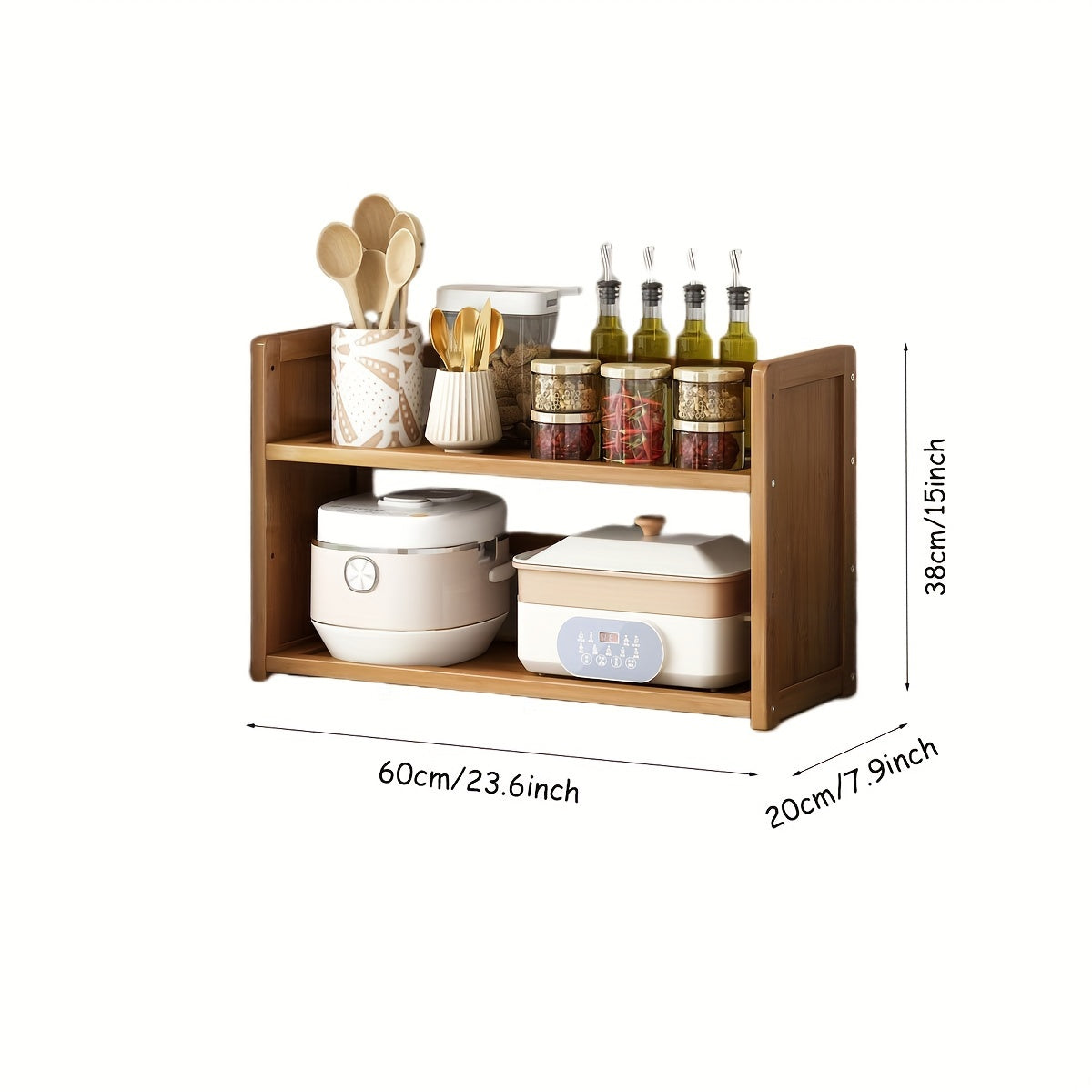 Large freestanding organizer made of brown hardwood, designed with open shelves for kitchen storage. Easy assembly with no power needed, perfect for home and kitchen use.