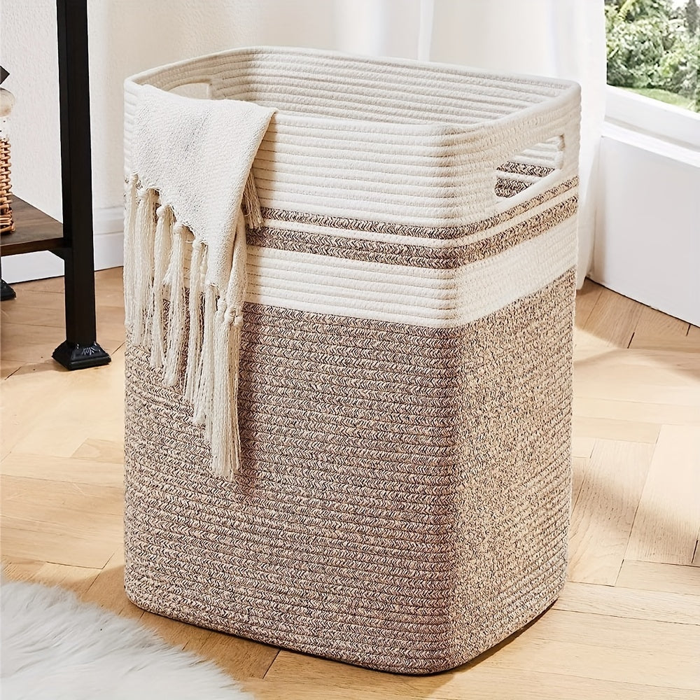 This large cotton rope laundry basket with handles is perfect for storing clothes and blankets in style. It's ideal for organizing your living room or bedroom and is suitable for ages 14 and up. Made of durable cotton material, this decorative woven