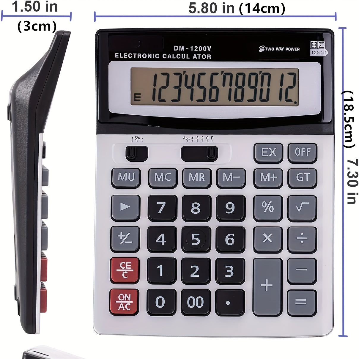 Desktop calculator with large display, big buttons, dual power, and 12-digit capacity.