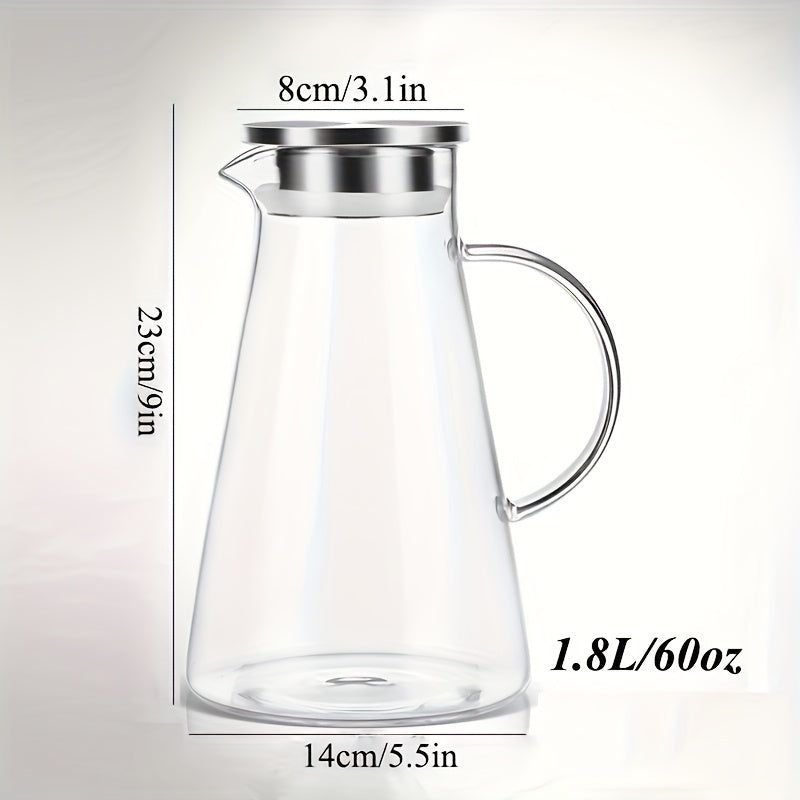 Heat resistant glass pitcher with lid, perfect for hot/cold drinks. Featuring a 1.8L clear beverage carafe with handle for easy serving. Ideal for home, restaurant, or office use. Easy to clean and makes a great gift for Christmas or New Year. A