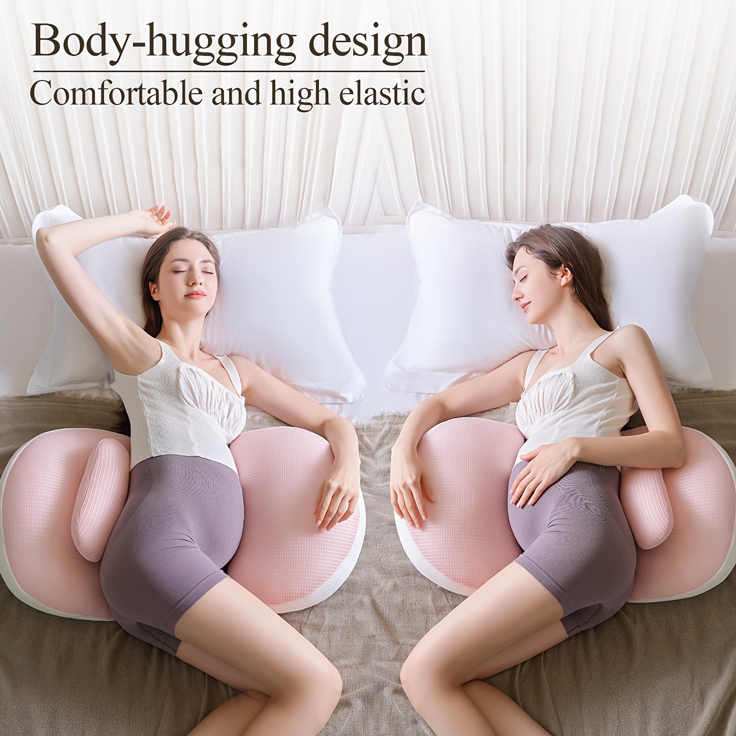 Pregnancy support pillow with U-shaped design, lumbar support, breathable fabric, adjustable, lightweight, and removable cover for side sleeping. Ideal for home bedding.