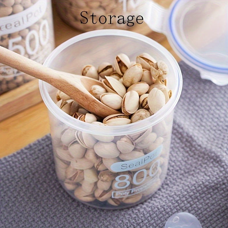 Transparent plastic storage container, 1000ml capacity, large bore, reusable, airtight, moisture-proof, and pest-resistant. This round container comes with a flip-lid and is ideal for storing kitchen grains, nuts, snacks, and organizing your home.