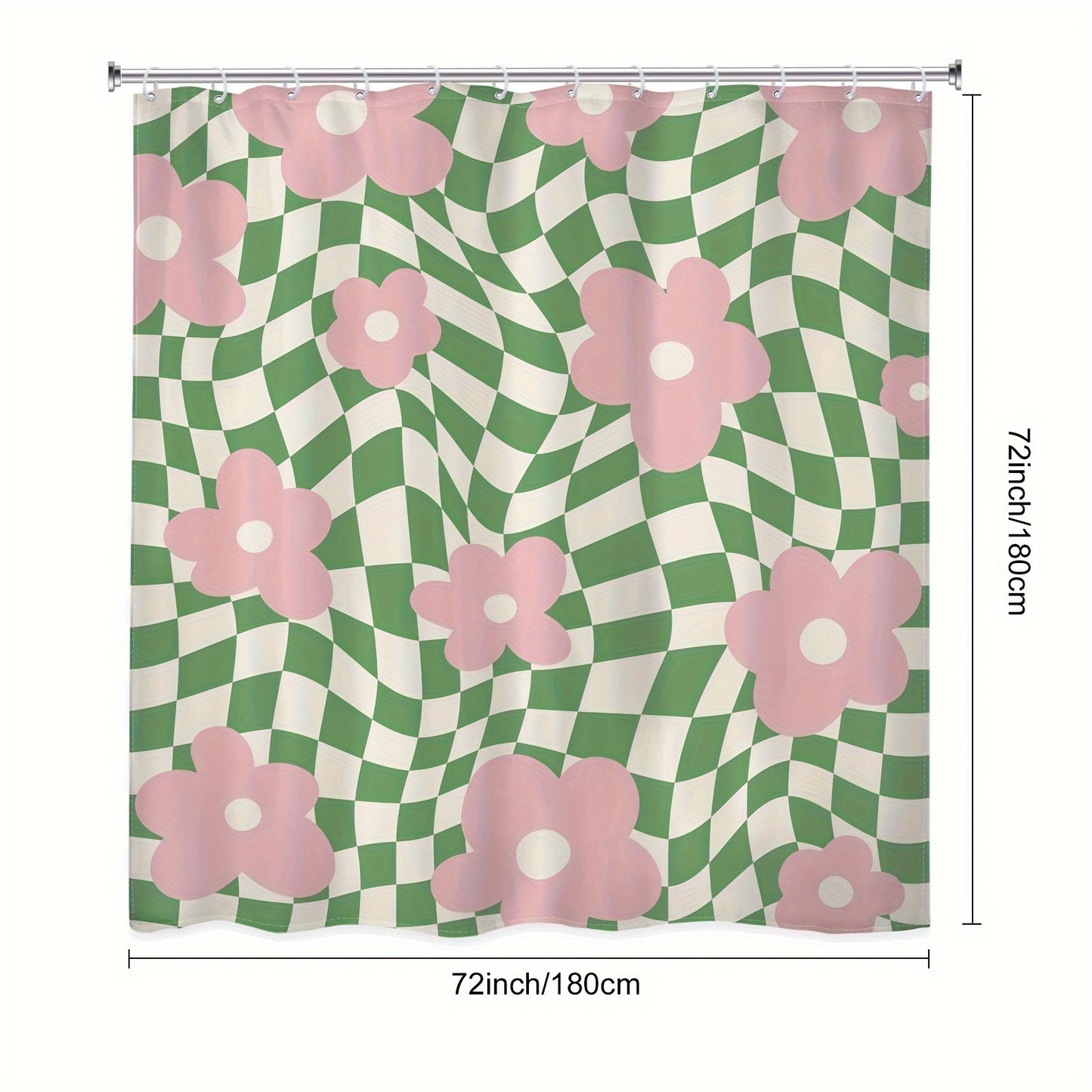 Waterproof polyester shower curtain with pink and green floral checkered design. 152.4x182.88 cm, includes hooks, machine washable. Ideal for teen bathroom decor. Provides shower privacy and vibrant bathroom decor. Easy to install.