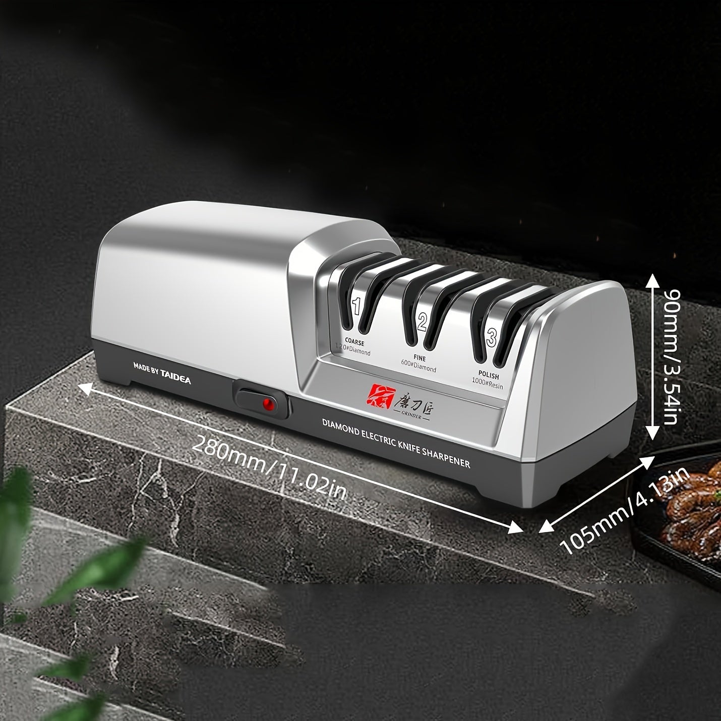 The GRINDER Professional Electric Knife Sharpener is equipped with a 3-Stage Diamond & Ceramic Sharpening System and Precision Angle Guide for use in both kitchens and restaurants. This plug-in sharpener features a fine grit for optimal results and is