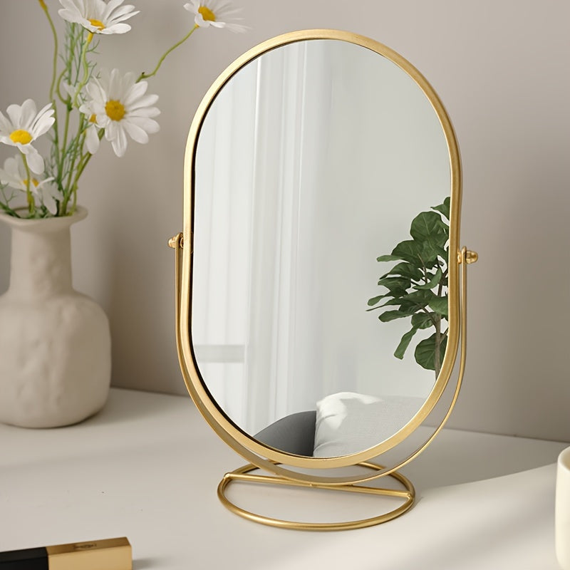 360° rotatable freestanding makeup mirror with iron frame, high-definition surface, perfect for bedroom or vanity table.