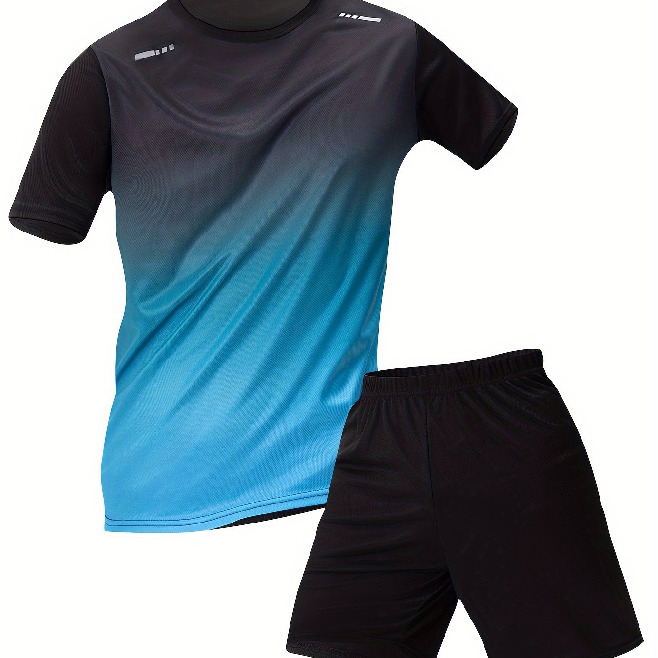 Men's 2-piece sportswear set with short sleeve top and shorts in gradient color, breathable and quick dry, regular fit.