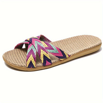 Women's Striped Linen Slippers - Comfortable Summer Fashion with EVA Sole