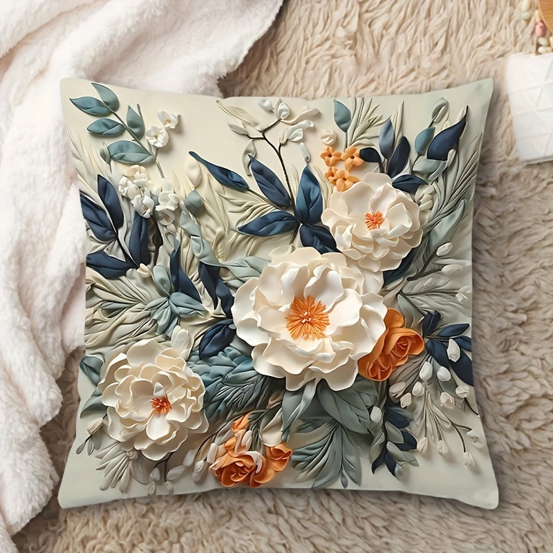 A reversible 3D floral cushion cover with soft, double-sided printed fabric. Machine washable with zip closure. Fits various room styles. 44.96x44.96 cm, pillow not included.