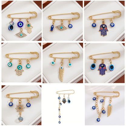 Set of 2 Vintage Crystal Diamond Evil Eye Tassel Brooches in Blue, High-End Waist Pulling Sweater Pin with Cold Wind Detailing, Random 2 Styles