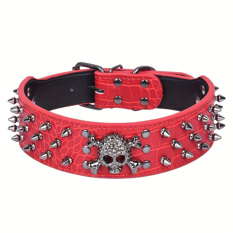 Spiked leather dog collar with bullet rivets and skull design, ideal for medium and large dogs.