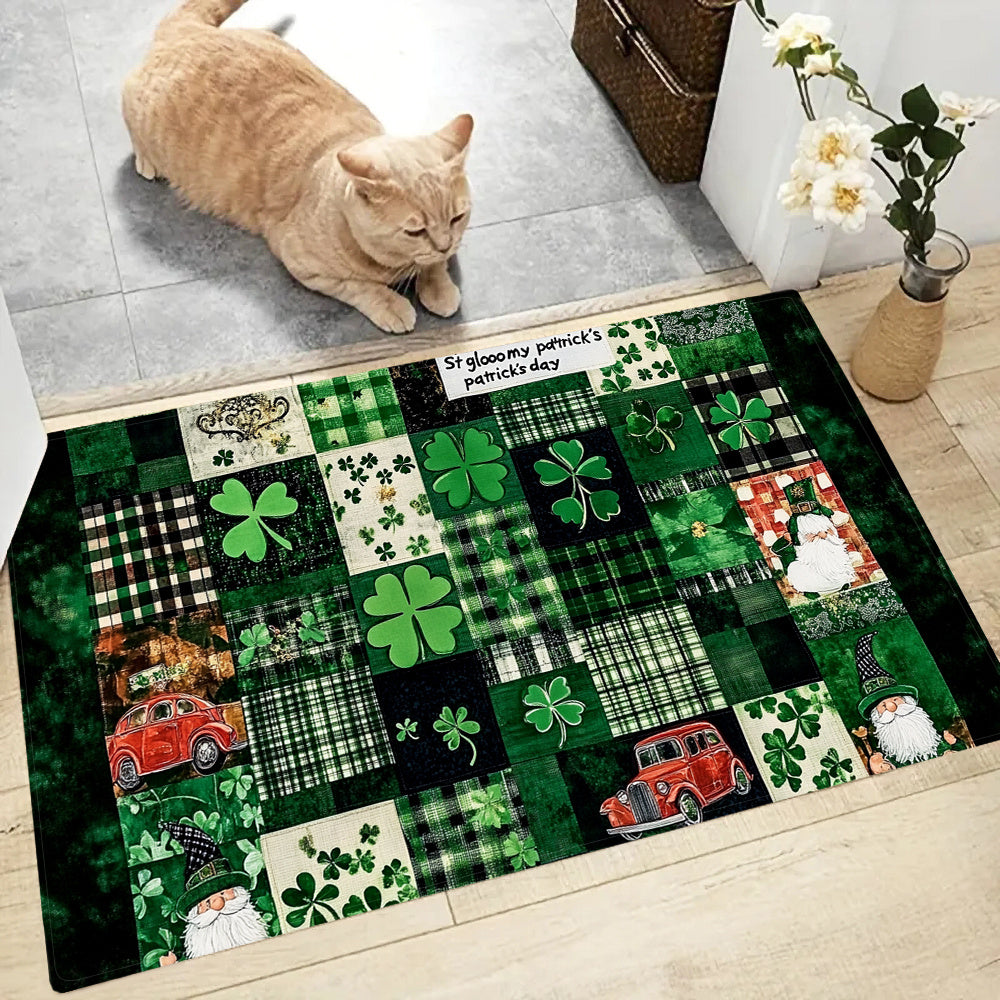 St Patrick's Day Kitchen Mat - Festive 1pc Mat with Clover & Gnome Design - Super Absorbent, Non-Slip Polyester - Soft Mat for Bathroom, Laundry Room, Bedroom - Easy to Clean in Machine Wash