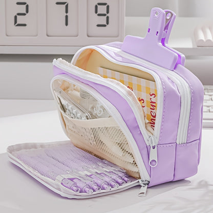 Large capacity pencil case with transparent window, durable Oxford fabric, perfect for students & office essentials.