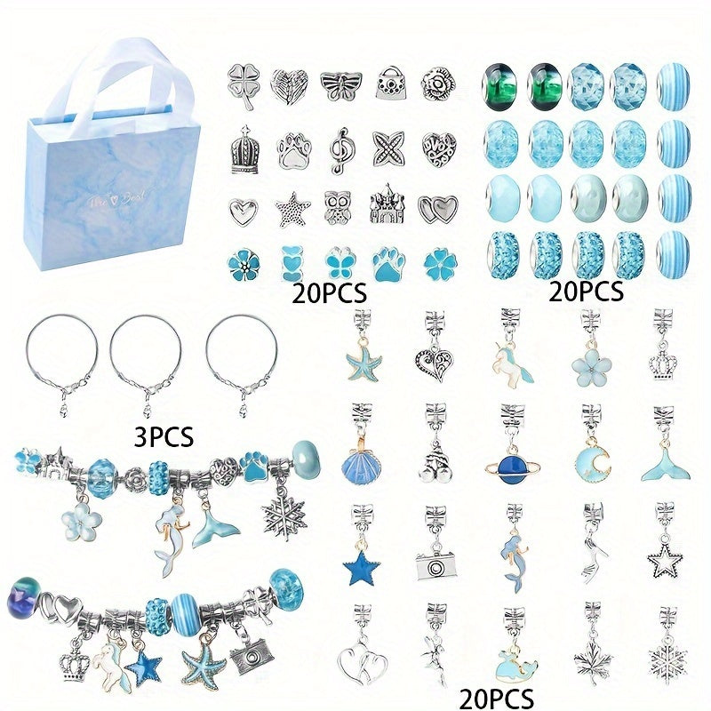 Charm Bracelet Making Kit with 63 pieces, includes large hole pendant, beads, chain accessories and an exquisite gift box for handmade DIY jewelry. Perfect as a jewelry gift set.