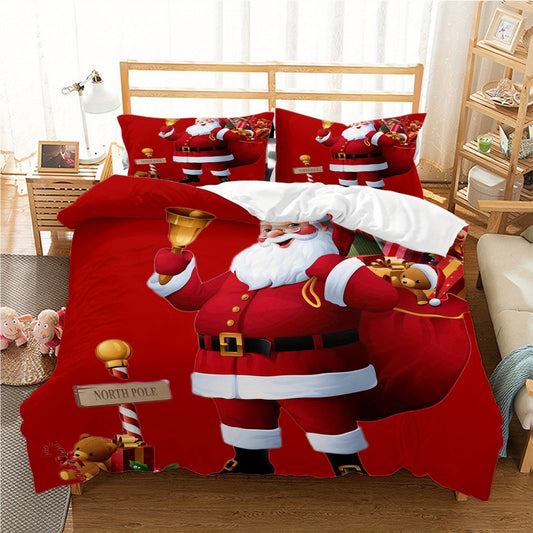 3-qismli Merry Christmas Duvet Cover Set, Santa Claus naqshiga ega, mikroto'qima materialidan tayyorlangan, yotoqxona yoki mehmonxonaga juda mos keladi. Setga 1 duvet qopqog'i va 2 yostiq qopqog'i kiradi. Eslatma: Duvet yadrosi kirmaydi.