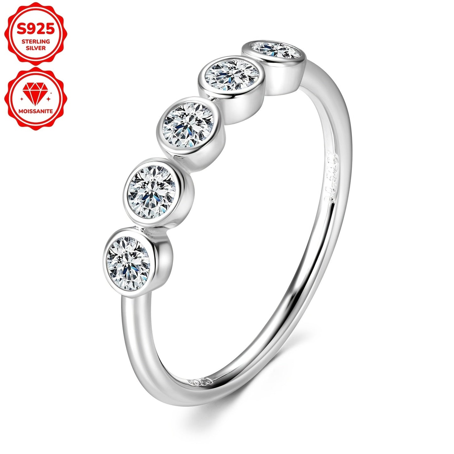 This women's engagement ring is made of 925 silver and boasts a dazzling five-stone Moissanite design, showcasing a 3mm round Moissanite stone at its center. The ring weighs 1.95 grams and is adorned with five additional 3mm Moissanite stones, totaling