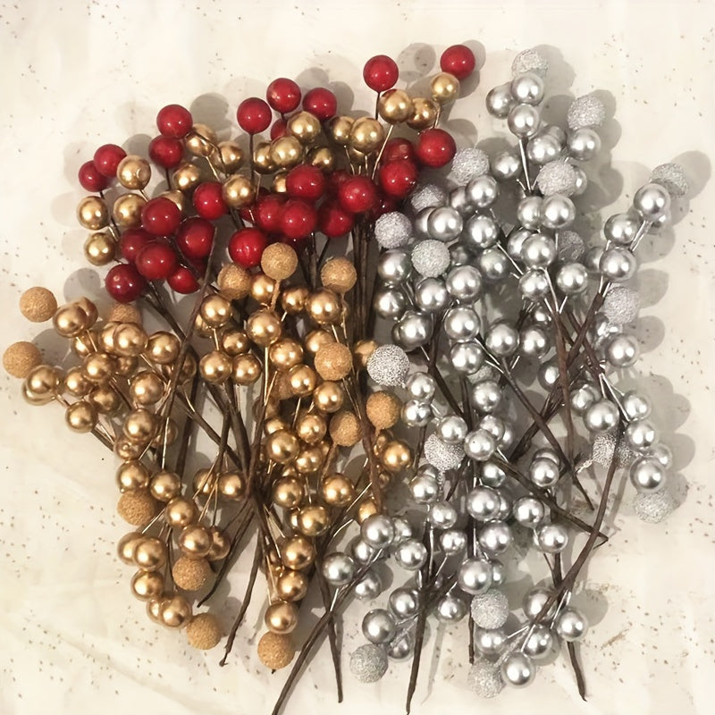 Christmas berry garland with golden and silver plastic berries for festive decorating - ideal for trees, wreaths, and more.