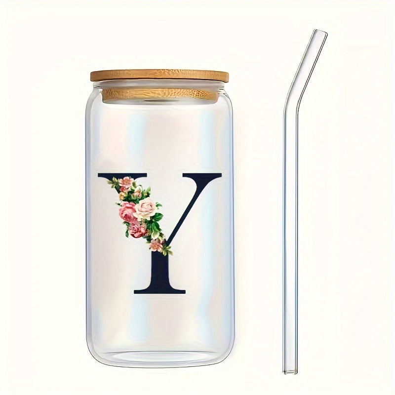 Alphabet flowers drinking glass with bamboo lid and straw, ideal birthday gift for women, friends, girls. 16 oz coffee glass, perfect for moms.