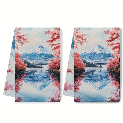 Set of 2 Ultra Plush Kitchen Towels featuring Mt. Hachiroku & Cherry Blossom Patterns, Super Absorbent Dish Towels, Easy to Clean, 40.64x60.96 cm - Perfect for Festive Home Decor