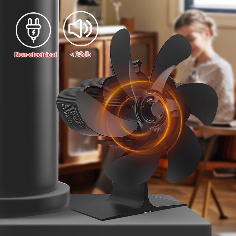 Durable 6-Blade Aluminum Stove Fan with Sleek Black Design - Quiet and Energy-Efficient Wood Stove Accessory for Enhanced Air Circulation, Adjustable Stand Included - Ideal for Home Heating and Stove Top Protection.