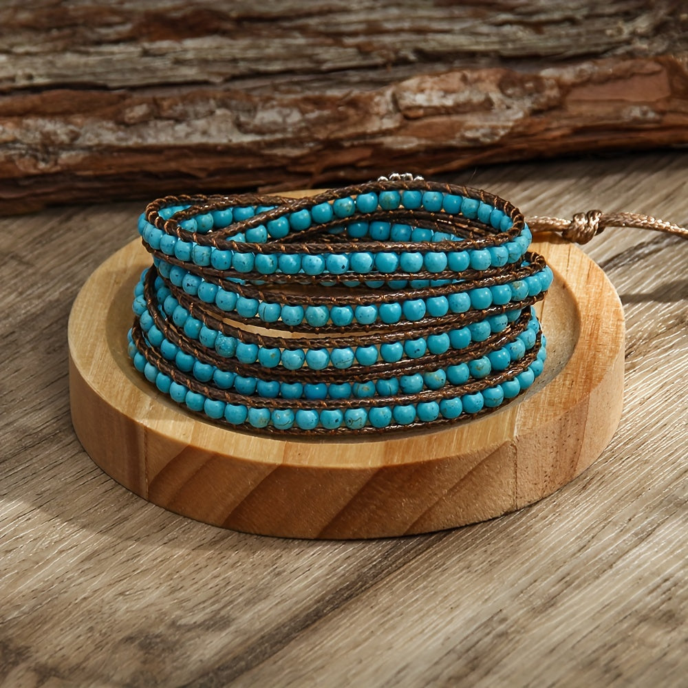 Women's Bracelet with a Bohemian Style, Waxed Cord Braid and Adjustable 5 Rows Wrap