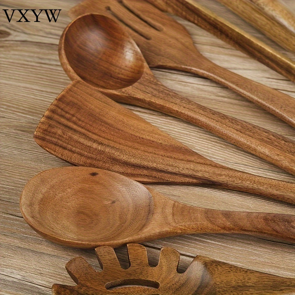 Set of 7 wooden utensils for cooking, including spoons and spatulas. This safety non-stick cookware set is an essential addition to your kitchen gadgets and accessories.