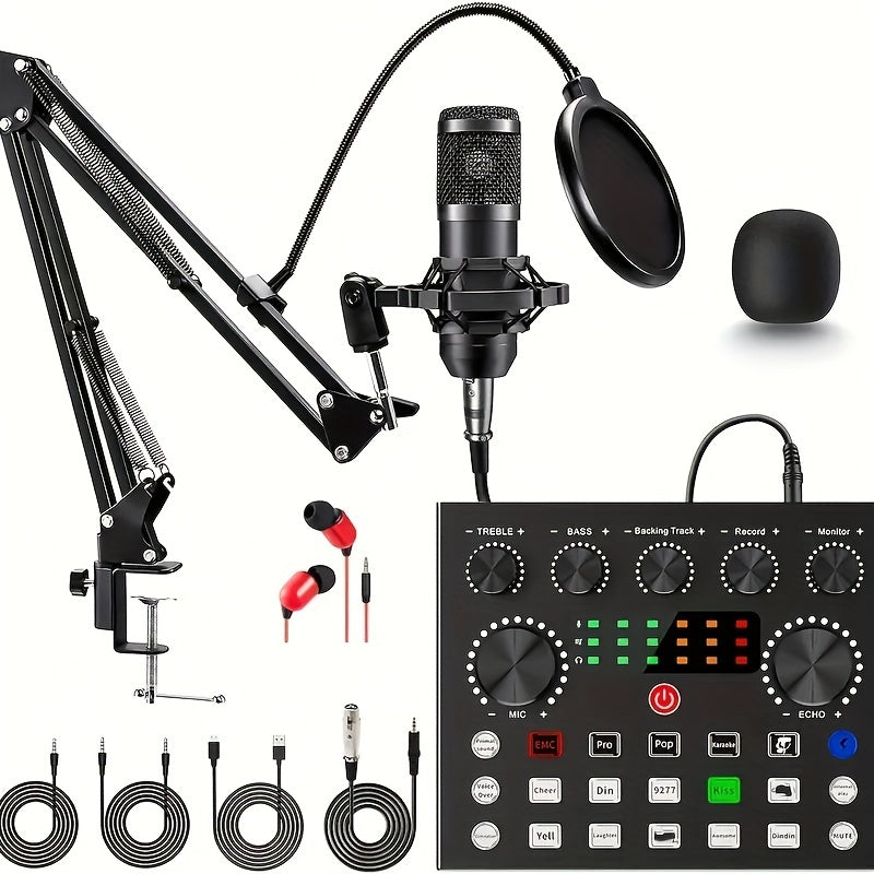 Podcast equipment set with BM-800 microphone, V8s+ sound card, and condenser microphone for laptop vlog live streaming.