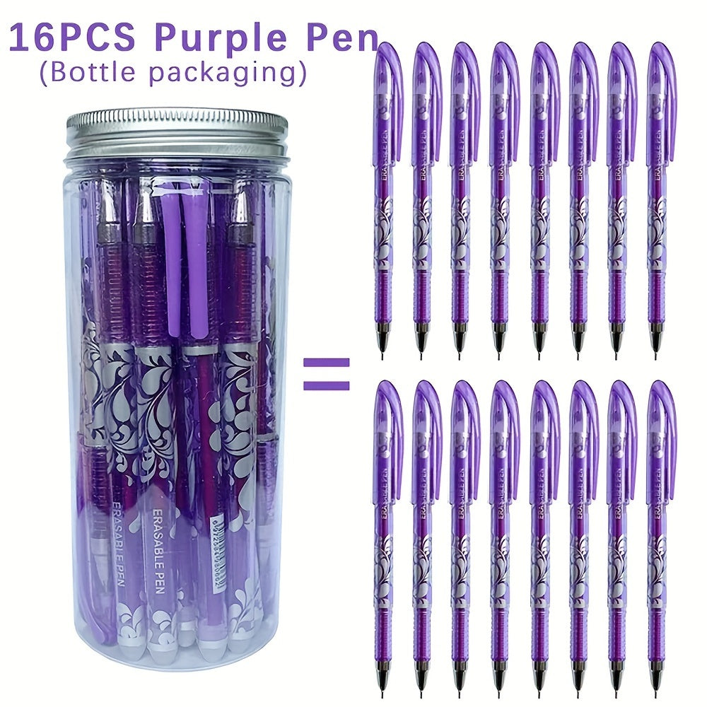 16 erasable gel pens with a 0.5mm tip in 6 colors, stored in a creative bottle for students and office use.