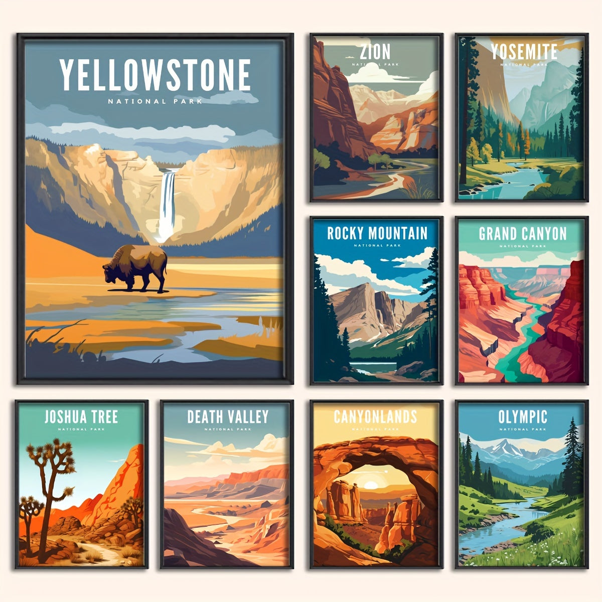 Set of 9 Large Size Modern Art Design Illustration Style Posters featuring Famous National Parks Landscapes. Frames not included. Perfect Gifts for Room Decor, Living Room, and Bedroom. Available in A3, A4, and A5 sizes.