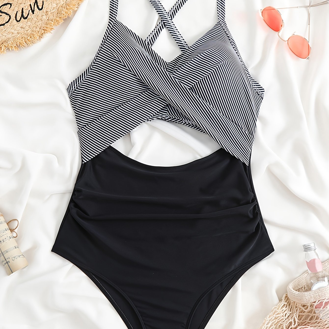 Striped Print Cut Out Twist One-piece Swimsuit with Criss Cross Tie Back, Stretchy Bathing Suit for Women.