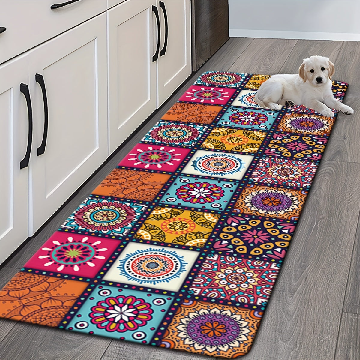 Area rug with Moroccan influences designed to prevent slipping, featuring a soft and durable material that is machine washable. Suitable for use in the living room, bedroom, kitchen, and bathroom. Multiple sizes to choose from.